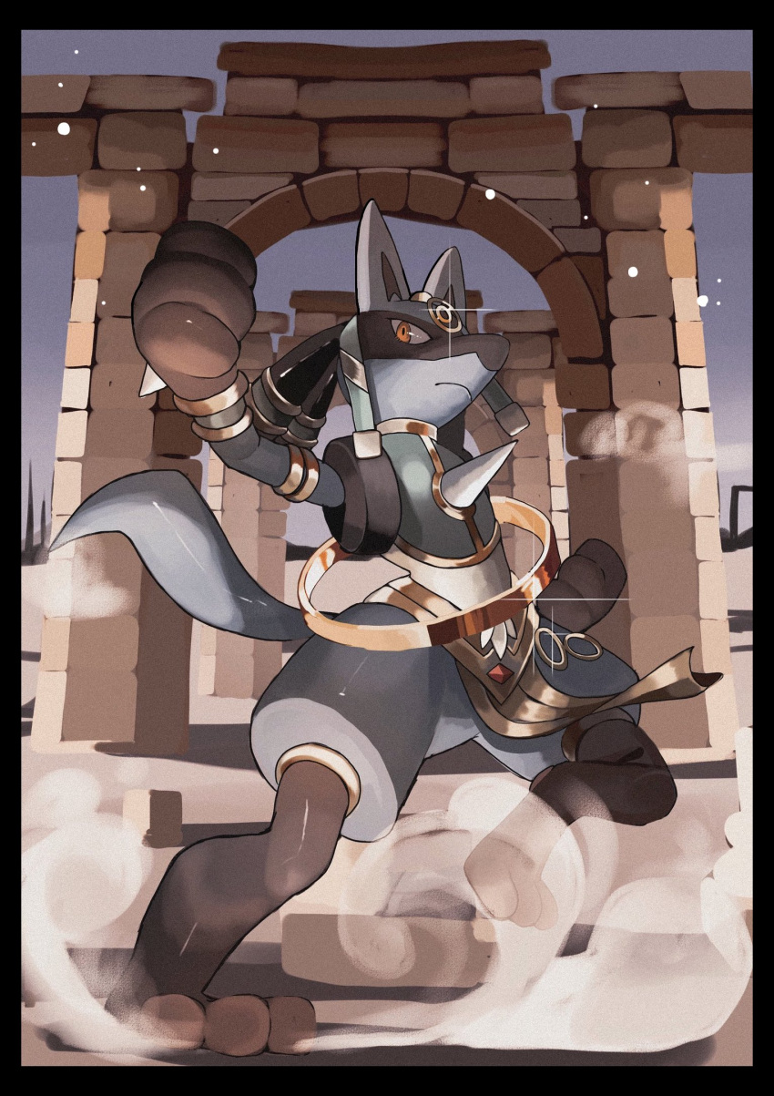black_border blue_fur border clenched_hands column highres jewelry loincloth lucario lucario_(ruins) no_humans outdoors pillar pokemon pokemon_(creature) reo_(mmocc123) ring solo standing
