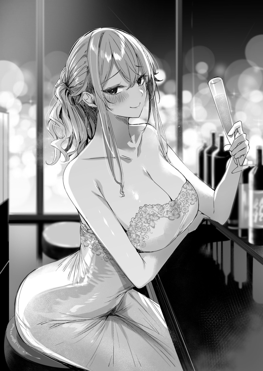 arm_on_table arm_under_breasts armpit_crease bar_(place) bar_stool bare_arms bare_shoulders blurry bottle champagne_flute closed_mouth collarbone commentary_request cup depth_of_field dress drinking_glass furrowed_brow hair_between_eyes highres kakao_(chocolate_land) long_hair looking_at_viewer looking_to_the_side novel_illustration official_art ryoushin_no_shakkin senkuuji_takane shiny_skin sidelocks sitting smile stool wine_bottle wine_glass