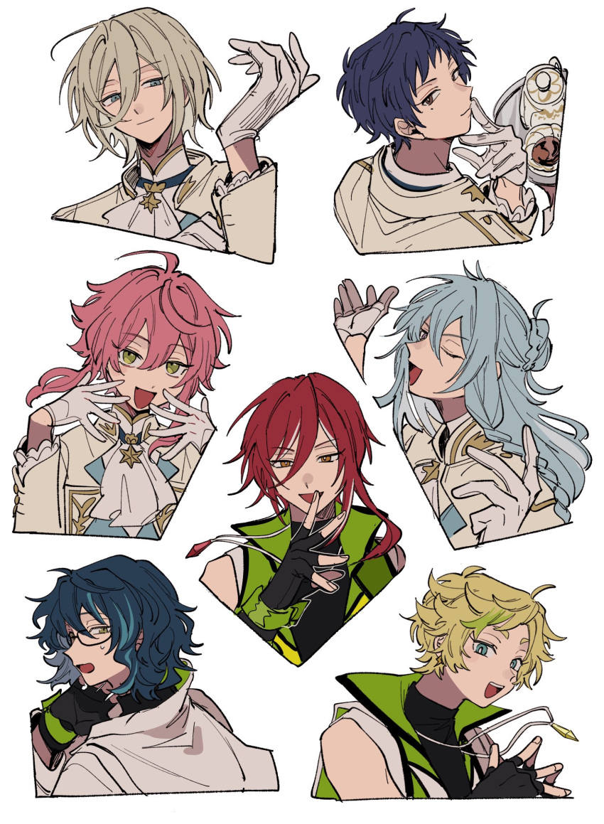 6+boys ahoge aoba_tsugumi aoi_(yooo009) black_gloves blonde_hair blue_eyes blue_hair brown_eyes closed_mouth ensemble_stars! fingerless_gloves fushimi_yuzuru glasses gloves grey_eyes hair_between_eyes harukawa_sora hibiki_wataru highres himemiya_tori jacket jewelry long_sleeves looking_at_viewer male_focus multicolored_hair multiple_boys multiple_views necklace non-web_source one_eye_closed open_mouth profile red_hair sakasaki_natsume scarf short_hair simple_background sleeveless smile sweatdrop teeth tenshouin_eichi upper_body white_background white_jacket yellow_eyes