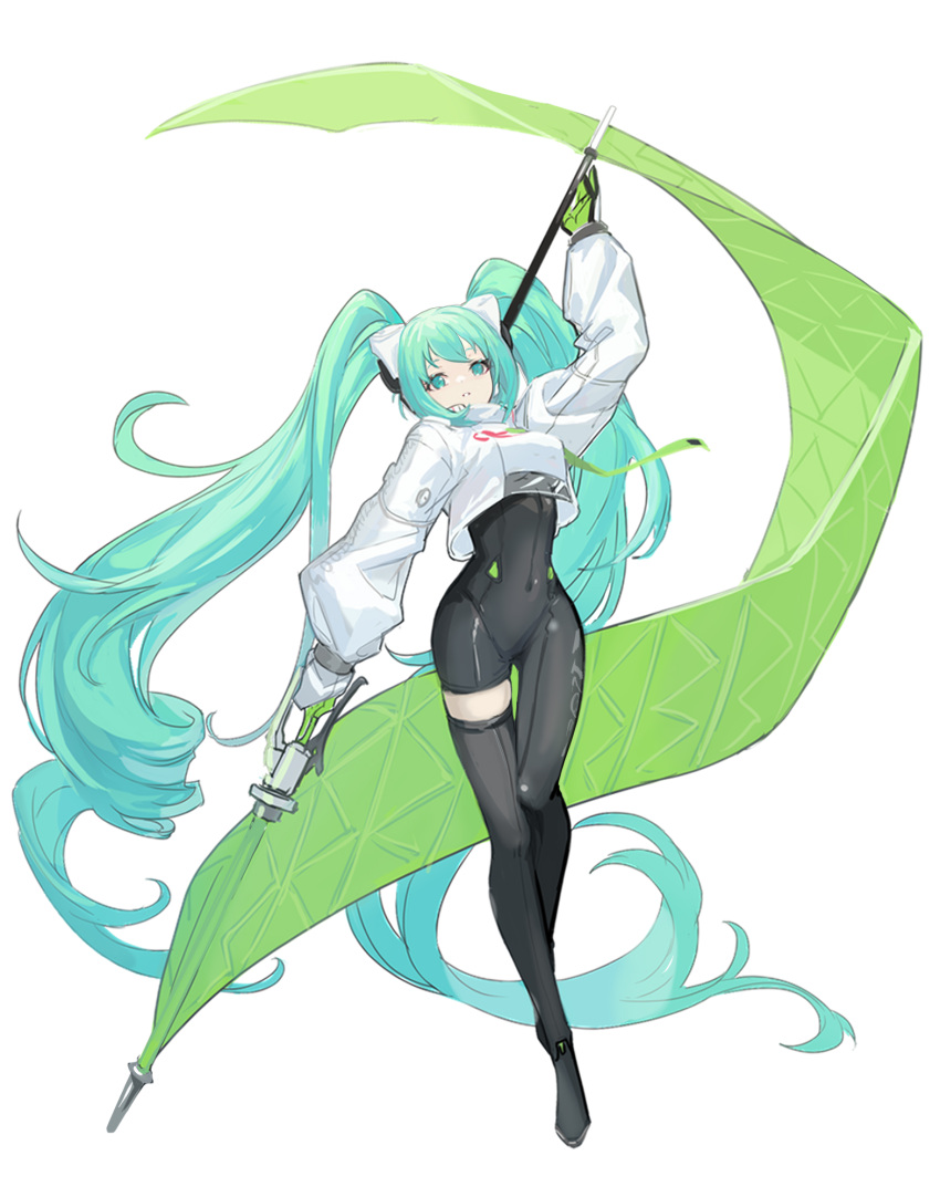 1girl absurdly_long_hair aqua_eyes aqua_hair asukayou asymmetrical_clothes asymmetrical_legwear black_bodysuit black_footwear black_gloves black_thighhighs bodysuit bodysuit_under_clothes covered_navel crop_top crop_top_overhang cropped_jacket flag full_body gloves goodsmile_racing green_gloves hair_ribbon hatsune_miku headgear highres holding holding_flag jacket long_hair long_sleeves racing_miku racing_miku_(2022) ribbon sidelocks single_thighhigh solo thighhighs twintails two-tone_gloves very_long_hair vocaloid white_background white_jacket