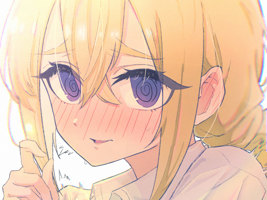 1girl @_@ blonde_hair blush close-up collared_shirt crossed_bangs ear_blush highres kimi_no_koto_ga_dai_dai_dai_dai_daisuki_na_100-nin_no_kanojo kwi long_eyelashes long_hair looking_at_viewer motion_lines open_mouth purple_eyes shirt sidelocks solo sutou_iku trembling