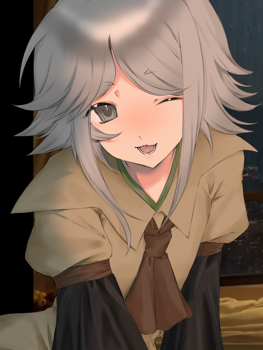 1other :3 androgynous ascot black_sleeves brown_ascot brown_coat coat gas_wf grey_eyes grey_hair hashtag-only_commentary highres houlen_yabusame layered_sleeves len'en long_sleeves looking_at_viewer lower_teeth_only one_eye_closed open_mouth other_focus puffy_short_sleeves puffy_sleeves short_hair_with_long_locks short_over_long_sleeves short_sleeves solo teeth