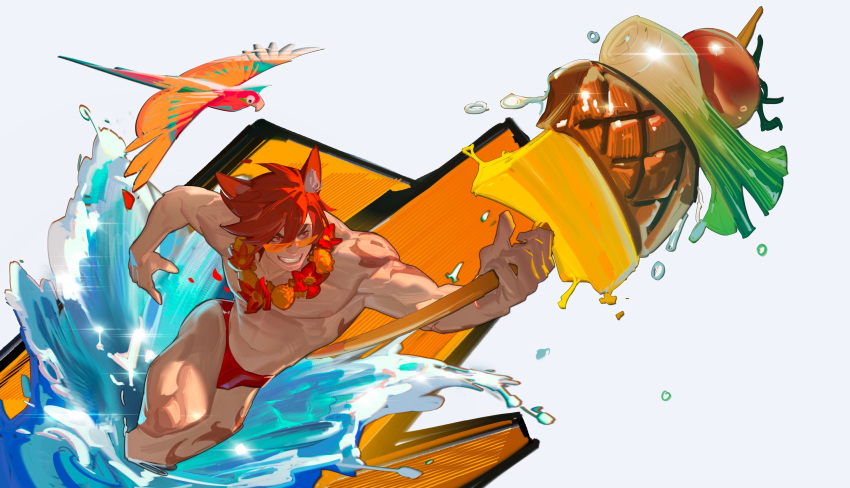 1boy abs absurdres bara briefs bulge full_body grin highres large_pectorals league_of_legends male_focus male_swimwear male_underwear muscular muscular_male nipples oversized_food oversized_object pectorals red_hair red_male_swimwear running sett_(league_of_legends) short_hair smile solo splashing sunglasses underwear water yodenn_4