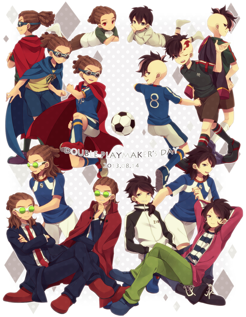 age_progression armband ball brown_hair cape formal fudou_akio goggles grin hairlocs highres inazuma_eleven inazuma_eleven_(series) inazuma_eleven_go inazuma_eleven_go_galaxy inazuma_eleven_go_vs_danball_senki_w inazuma_japan inazuma_legend_japan kidou_yuuto lying male_focus multiple_boys multiple_persona necktie on_stomach one_eye_closed open_mouth raimon raimon_soccer_uniform red_eyes saku_anna shin_teikoku smile soccer soccer_ball soccer_uniform sportswear suit teikoku telstar