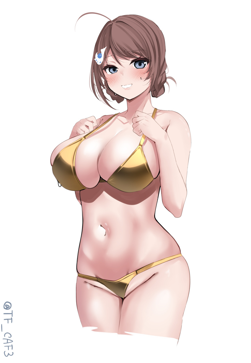 1girl absurdres alternate_costume bikini blush braided_hair_rings breasts brown_hair chougei_(kancolle) cleavage collarbone cowboy_shot gold_bikini grey_eyes hair_flaps hair_ornament hair_rings highres kantai_collection large_breasts long_hair looking_at_viewer navel one-hour_drawing_challenge shiny_swimsuit simple_background smile solo swimsuit tf_cafe twitter_username whale_hair_ornament white_background