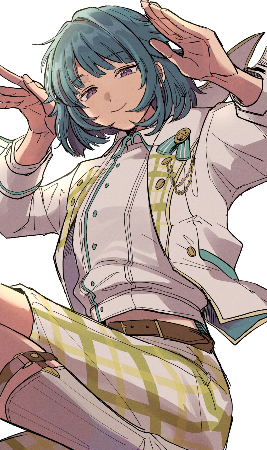 1boy absurdres aoi_(yooo009) aqua_hair belt blue_hair buttons closed_mouth ensemble_stars! highres jacket long_sleeves looking_at_viewer male_focus open_clothes open_jacket pants plaid plaid_pants purple_eyes shino_hajime short_hair shorts simple_background smile solo white_background white_jacket