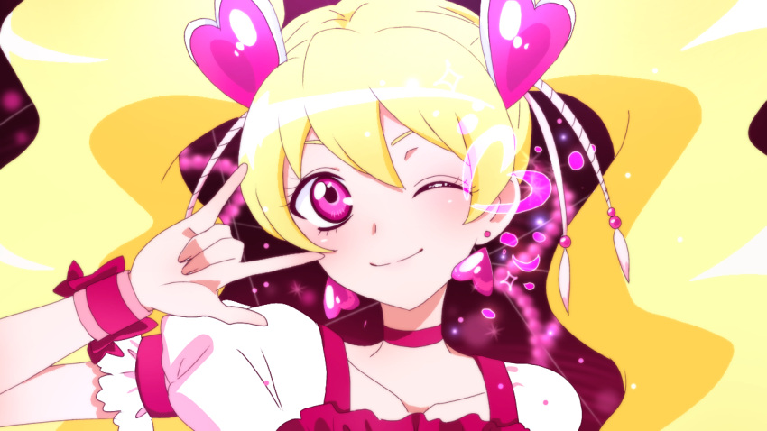 1girl \m/ black_background blonde_hair blush bow choker closed_mouth collarbone cure_peach dot_nose earrings fresh_precure! gradient_background hair_ornament head_tilt heart heart_earrings heart_hair_ornament jewelry long_hair looking_at_viewer magical_girl momozono_love namo_(namo_suuun) one-hour_drawing_challenge one_eye_closed pink_background pink_bow pink_choker pink_eyes pink_wrist_cuffs portrait precure puffy_sleeves smile solo twintails wrist_cuffs