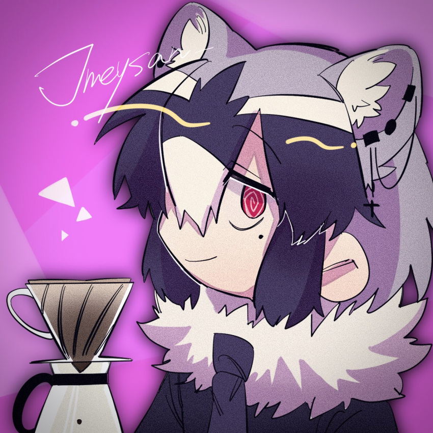 1girl @_@ animal_ear_fluff animal_ears artist_name bad_id bad_twitter_id black_hair closed_mouth coffee_filter coffee_pot common_raccoon_(kemono_friends) extra_ears fur_collar grey_hair hair_between_eyes inactive_account jmeysan kemono_friends looking_at_viewer mole mole_under_eye multicolored_hair pink_background raccoon_ears short_hair smile solo upper_body