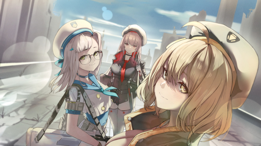 3girls ahoge anis_(nikke) arm_pouch bandolier belt_pouch beret black_choker black_gloves black_jacket black_leotard black_shirt black_thighhighs blonde_hair blue_neckerchief blue_one-piece_swimsuit breasts choker cleavage closed_mouth collared_shirt commentary counters_(nikke) cropped_jacket glasses gloves goddess_of_victory:_nikke green_eyes hair_between_eyes hat highres jacket jindogod large_breasts leotard light_brown_hair long_hair multicolored_clothes multicolored_jacket multiple_girls neckerchief necktie neon_(nikke) one-piece_swimsuit orange_eyes orange_jacket pouch rapi_(nikke) red_jacket red_necktie school_uniform serafuku shirt short_hair smile swimsuit swimsuit_under_clothes thighhighs two-sided_fabric two-sided_jacket two-tone_jacket weapon white_hair white_serafuku yellow_eyes