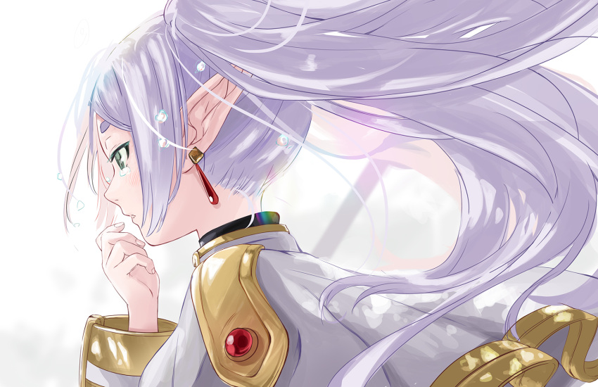 1girl blurry blush capelet close-up commentary depth_of_field drop_earrings earrings elf floating_hair frieren green_eyes grey_hair hand_up highres jewelry l.f. long_hair long_sleeves looking_afar parted_lips pointy_ears profile sad simple_background solo sousou_no_frieren tearing_up tears thick_eyebrows tsurime twintails white_background white_capelet