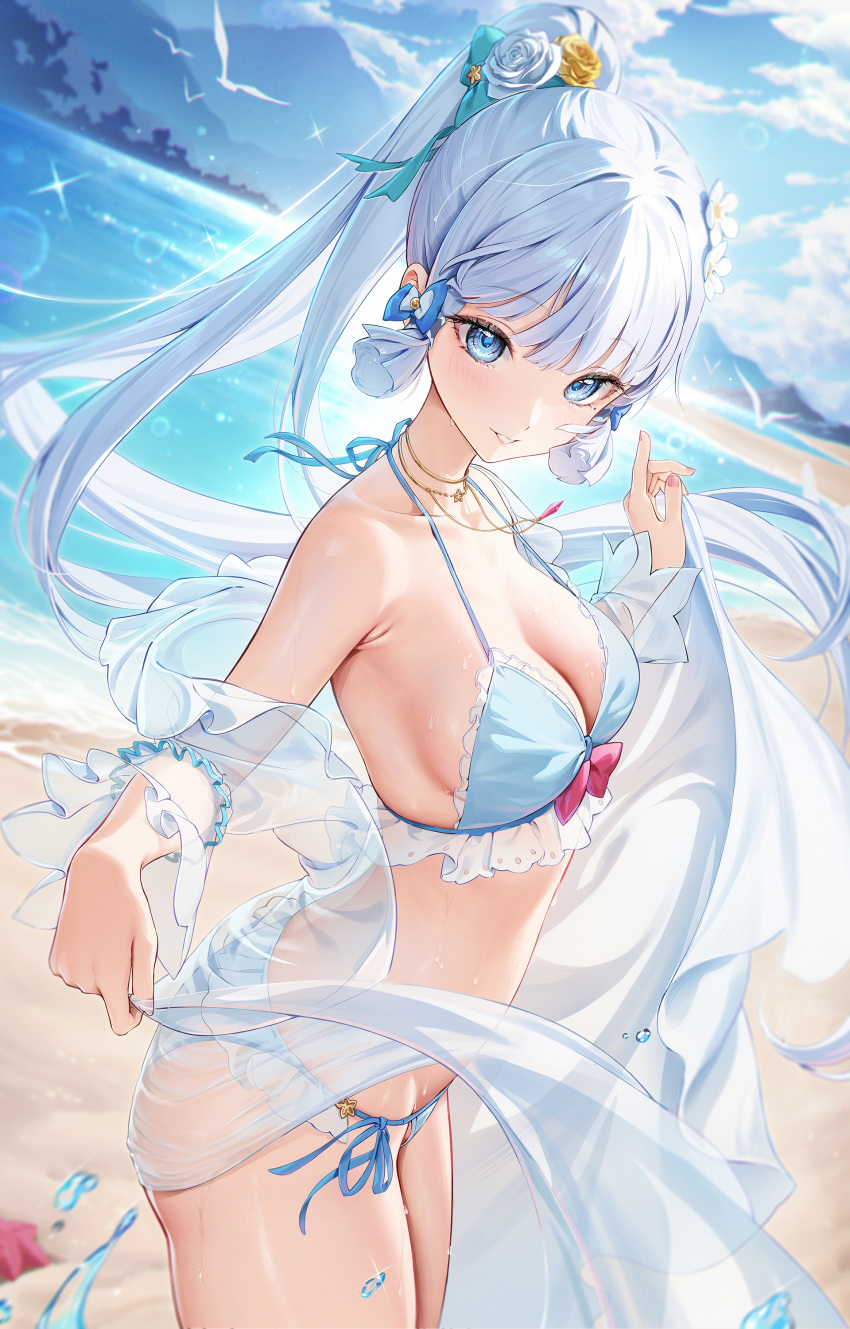 1girl absurdres alternate_costume beach bikini bird blue_bikini blue_eyes blue_hair blue_sky blunt_bangs breasts cleavage cloud commentary_request dated_commentary flower frilled_bikini frills genshin_impact hair_flower hair_ornament hair_ribbon halterneck highres houkisei jewelry kamisato_ayaka light_blue_hair long_hair medium_breasts necklace ocean outdoors parted_lips ponytail ribbon see-through_shawl shawl side-tie_bikini_bottom sky smile solo swimsuit tress_ribbon white_bird