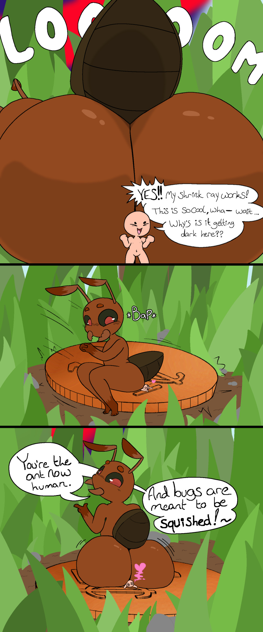 absurd_res ant anthro aroused arthropod big_butt brown_body butt coin comic dialogue english_text grass happy heart_symbol hi_res hymenopteran insect irony kralex_(artist) looming looming_over macro male micro onomatopoeia plant sitting sitting_on_another smothering sound_effects squish text thick_thighs undnift zeqe
