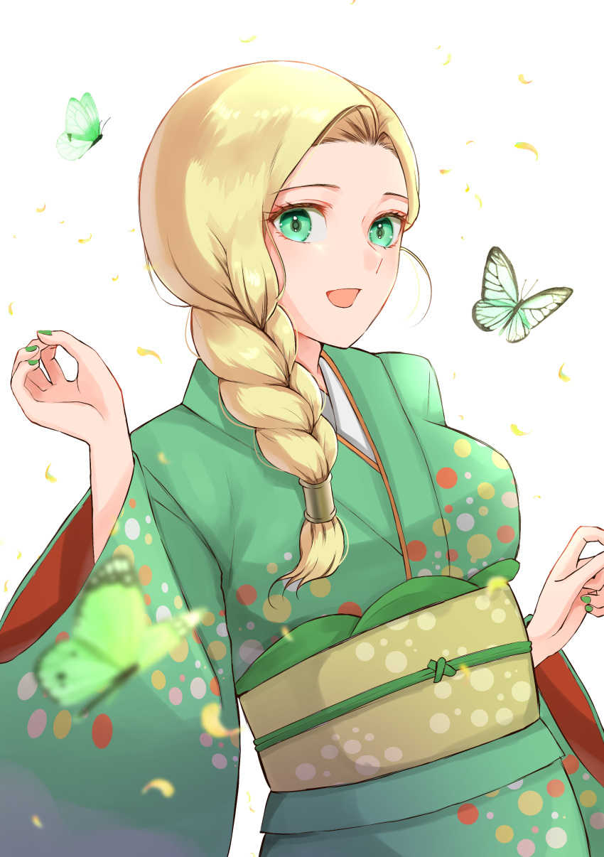 1girl absurdres aqua_kimono bianca_(dq5) blonde_hair blue_eyes blurry blurry_foreground braid breasts bug butterfly c-diamond commentary_request dragon_quest dragon_quest_keshi_keshi dragon_quest_v green_nails hair_over_shoulder hand_up highres japanese_clothes kimono long_hair long_sleeves looking_at_viewer medium_breasts nail_polish obi official_alternate_costume open_mouth print_kimono sash simple_background single_braid smile solo upper_body white_background wide_sleeves yellow_sash