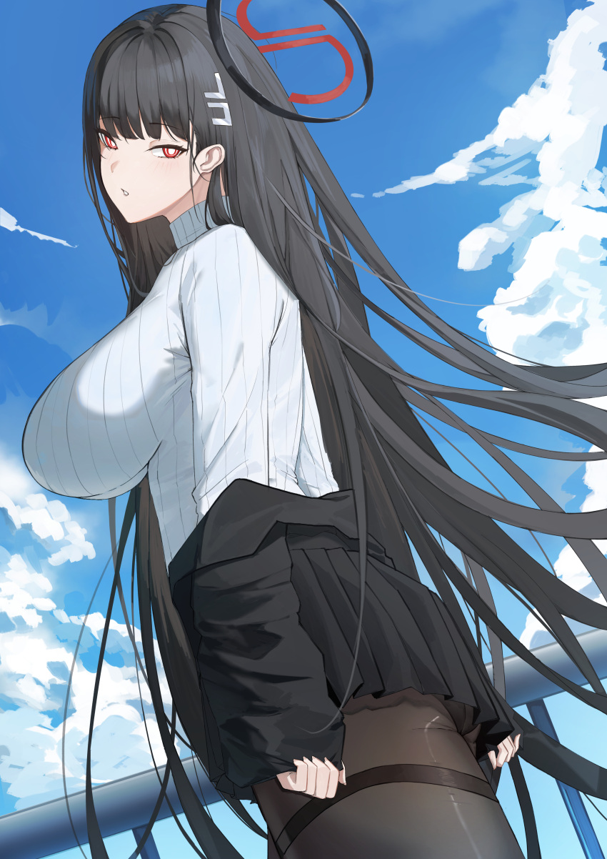 1girl :o absurdres black_hair black_jacket black_pantyhose black_skirt blue_archive blue_sky blush breasts cloud commentary halo highres huge_breasts impossible_clothes jacket jacket_partially_removed long_hair looking_at_viewer looking_to_the_side pantyhose pleated_skirt railing ref_(pmxt4483) ribbed_sweater ringed_eyes rio_(blue_archive) skirt sky solo straight_hair sweater very_long_hair white_sweater