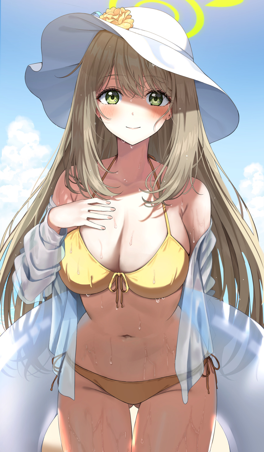 1girl absurdres arm_behind_back ass_visible_through_thighs bikini blue_archive blush breasts brown_hair cleavage collarbone commentary cowboy_shot front-tie_bikini_top front-tie_top groin halo hand_on_own_chest hat highres holding holding_swim_ring large_breasts long_hair looking_at_viewer navel nonomi_(blue_archive) nonomi_(swimsuit)_(blue_archive) official_alternate_costume ojyomu open_clothes open_shirt outdoors see-through see-through_shirt side-tie_bikini_bottom smile solo stomach straight_hair sun_hat sweat swim_ring swimsuit thigh_gap very_long_hair yellow_bikini