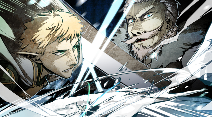 2boys aiden_the_holy_sword beard blonde_hair blue_eyes elion_the_king_of_spirits facial_hair fighting fur_trim green_eyes grey_hair male_focus multiple_boys mustache old old_man pixiv_fantasia pixiv_fantasia_last_saga pointy_ears sou-_-you sword weapon