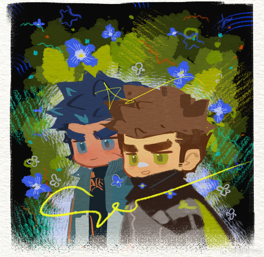 2boys amaimochi bandaid bandaid_on_face bandaid_on_nose bara blue_eyes blue_hair brown_hair facial_hair floral_background green_eyes highres huge_eyebrows looking_ahead male_focus medium_sideburns multiple_boys original short_hair sideburns_stubble smile standing stubble unfinished