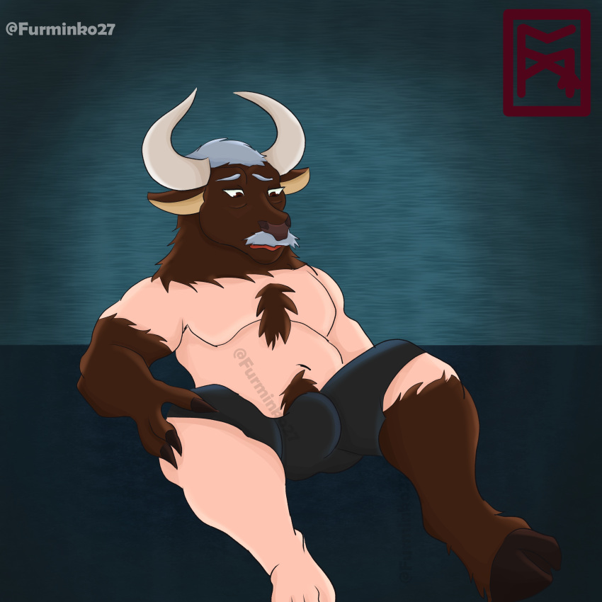 absurd_res age_difference anthro bovid bovine european_mythology furminko27 greek_mythology hi_res male mammal minotaur mythology older_male semi-anthro sitting transformation transformation_sequence