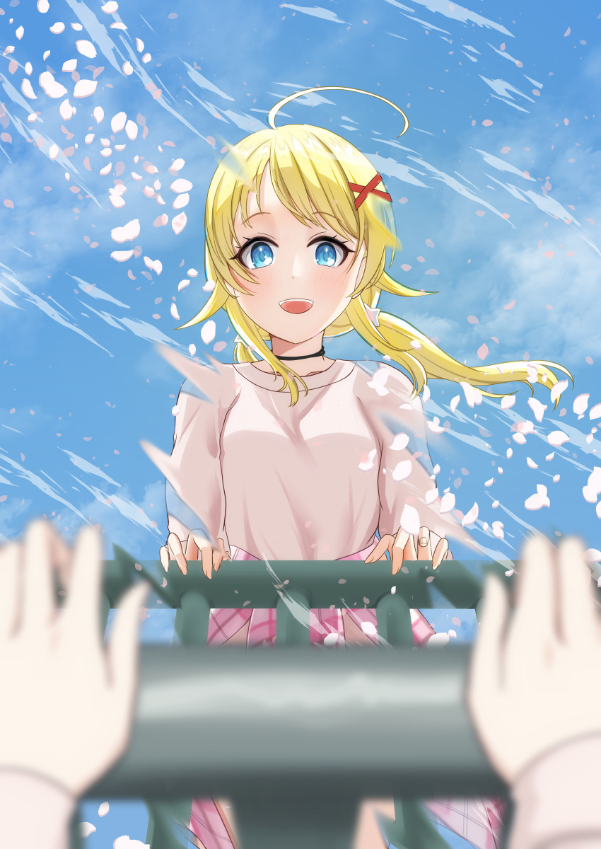 1girl absurdres ahoge blonde_hair blue_eyes blush falling_petals female_pov floating_hair hachimiya_meguru highres idolmaster idolmaster_shiny_colors petals pov railing reflection reflective_water sakurayuzuame shirt smile solo twintails white_shirt