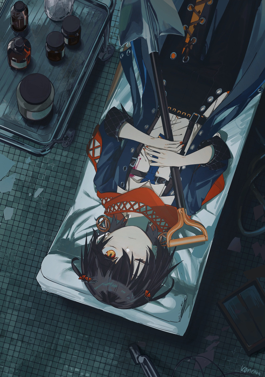 1boy absurdres black_hair black_pants blue_coat blue_necktie bottle closed_mouth coat collared_shirt cowboy_shot from_above frown hands_on_own_chest highres hip_vent holding holding_shovel hospital indoors kome_non looking_at_viewer looking_up lying male_focus mashiro_meme mashiro_meme_(1st_costume) medicine_bottle necktie nijisanji on_back on_table one_eye_closed open_clothes open_coat operating_table pants red_nails red_scarf scarf shirt short_hair short_sleeves shovel solo suspenders table tile_floor tiles two_side_up upside-down virtual_youtuber white_shirt yellow_eyes