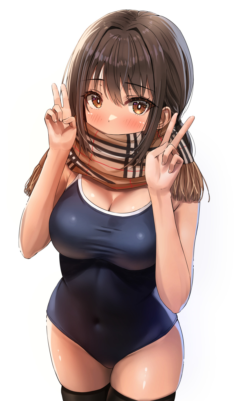 1girl absurdres bare_arms black_one-piece_swimsuit black_thighhighs blush breasts brown_eyes brown_hair brown_scarf closed_mouth covered_navel cowboy_shot double_v highres impossible_clothes impossible_swimsuit large_breasts long_hair looking_at_viewer one-piece_swimsuit original plaid plaid_scarf scarf scarf_over_mouth simple_background solo swimsuit thighhighs v white_background yukemuriganmo