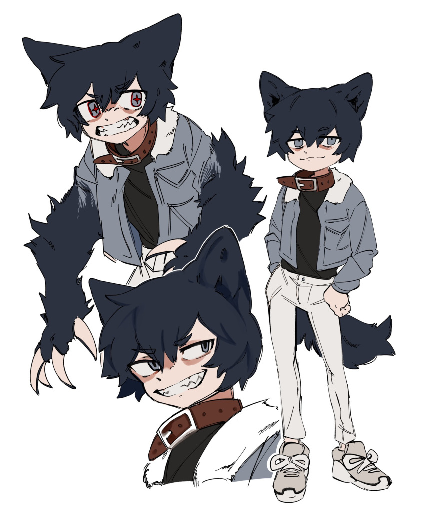 1boy :3 animal_ears animal_hands black_hair black_shirt claws closed_mouth deviidog0 english_commentary fangs full_body fur-trimmed_jacket fur_trim grey_eyes grey_jacket grin hands_up highres jacket long_sleeves looking_at_viewer male_focus monster_boy multiple_views original pants red_pupils shirt shoes short_hair simple_background smile sneakers standing star-shaped_pupils star_(symbol) symbol-shaped_pupils tail white_background white_pants wolf_boy wolf_ears wolf_tail