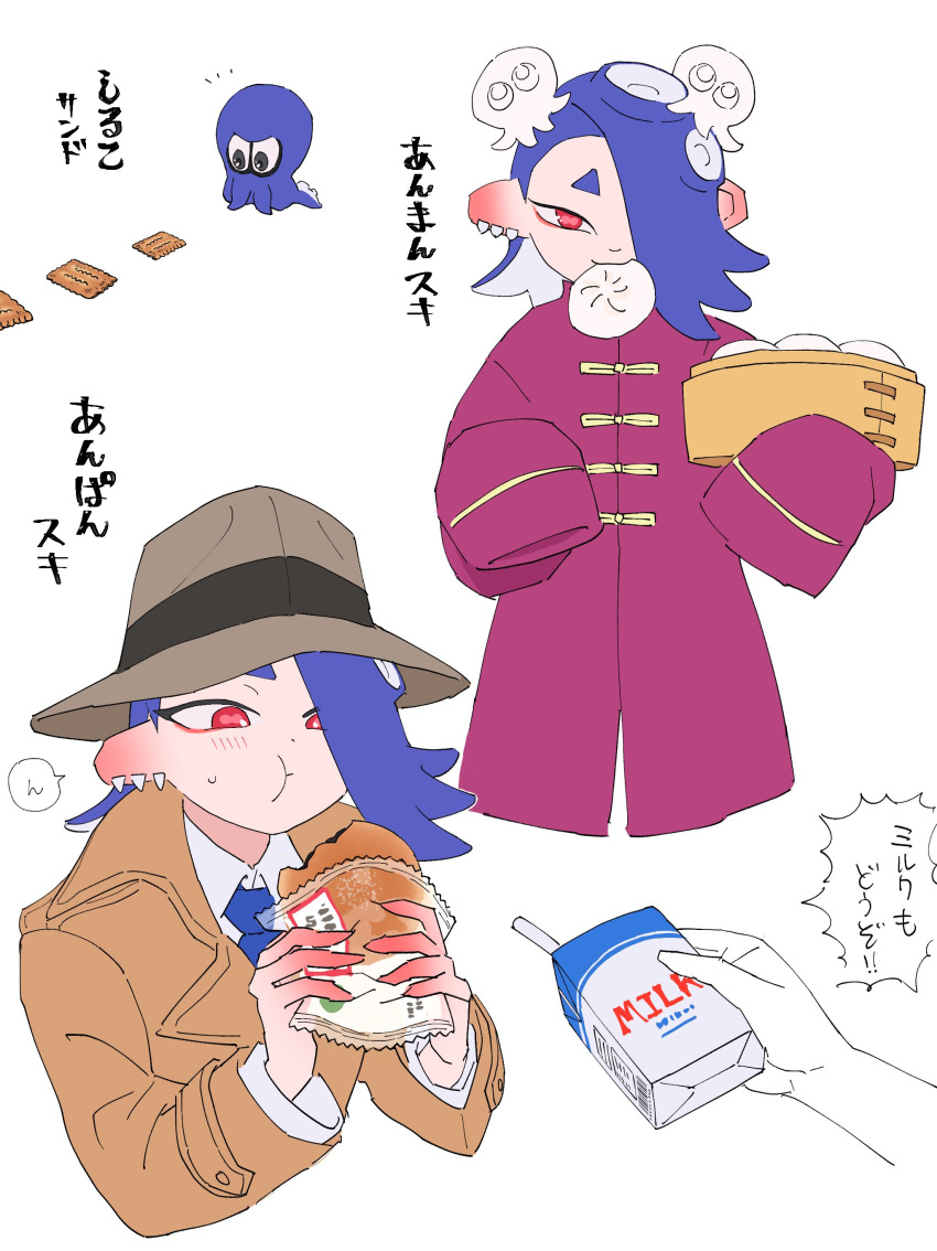 1girl :t absurdres alternate_costume bamboo_steamer baozi blue_hair blue_necktie bread brown_hat brown_jacket cephalopod_eyes chibi chinese_clothes collared_shirt commentary_request earrings eating food food_in_mouth food_wrapper hair_over_one_eye hat highres holding holding_bamboo_steamer jacket jewelry jounetsu_(jonetunoaoitako) long_hair long_sleeves looking_at_viewer milk_carton mouth_hold multiple_earrings multiple_views necktie notice_lines octoling octopus one_eye_covered open_clothes open_jacket purple_jacket red_eyes shirt shiver_(splatoon) short_eyebrows sleeves_past_fingers sleeves_past_wrists speech_bubble splatoon_(series) splatoon_3 suction_cups tangzhuang tentacle_hair tooth_earrings translation_request upper_body white_background white_shirt