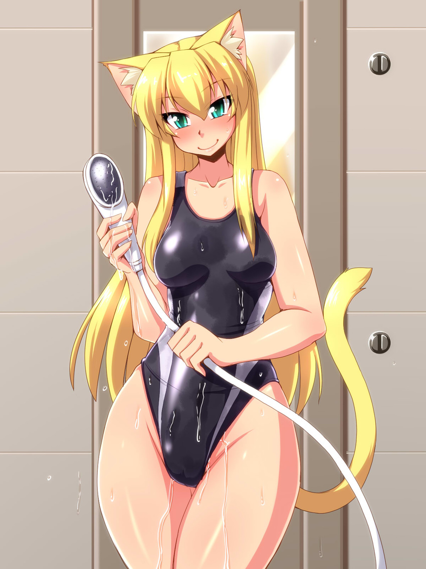 animal_ears bare_shoulders blonde_hair blush breasts cat_ears cat_tail competition_swimsuit groin highleg highleg_swimsuit highres long_hair looking_at_viewer nokoppa one-piece_swimsuit original shower_head small_breasts smile solo swimsuit tail wet wide_hips