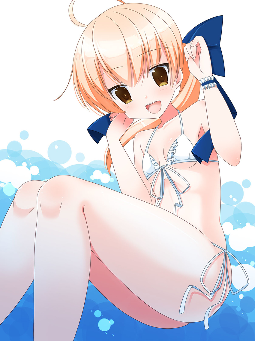 1boy ahoge ass bikini blonde_hair blush brown_eyes bulge cadd_kiriyama crossdressing final_fantasy final_fantasy_tactics highres male male_focus navel open_mouth ponytail puffy_chest ramza_beoulve red_eyes ribbon short_hair sitting smile solo swimsuit trap white_swimsuit