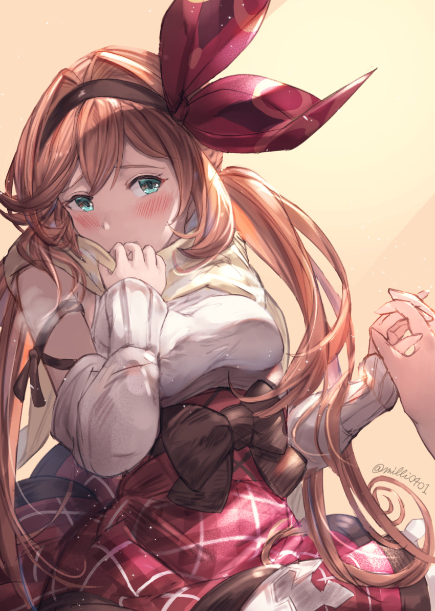 1girl bangs blush bow brown_bow brown_hair brown_hairband brown_scarf clarisse_(granblue_fantasy) closed_mouth commentary_request detached_sleeves eyebrows_visible_through_hair granblue_fantasy green_eyes hair_intakes hair_ribbon hairband highres interlocked_fingers long_hair long_sleeves milli_little out_of_frame red_ribbon red_skirt ribbon scarf skirt sleeveless_sweater sleeves_past_wrists solo_focus sweater twintails twitter_username very_long_hair white_sleeves white_sweater