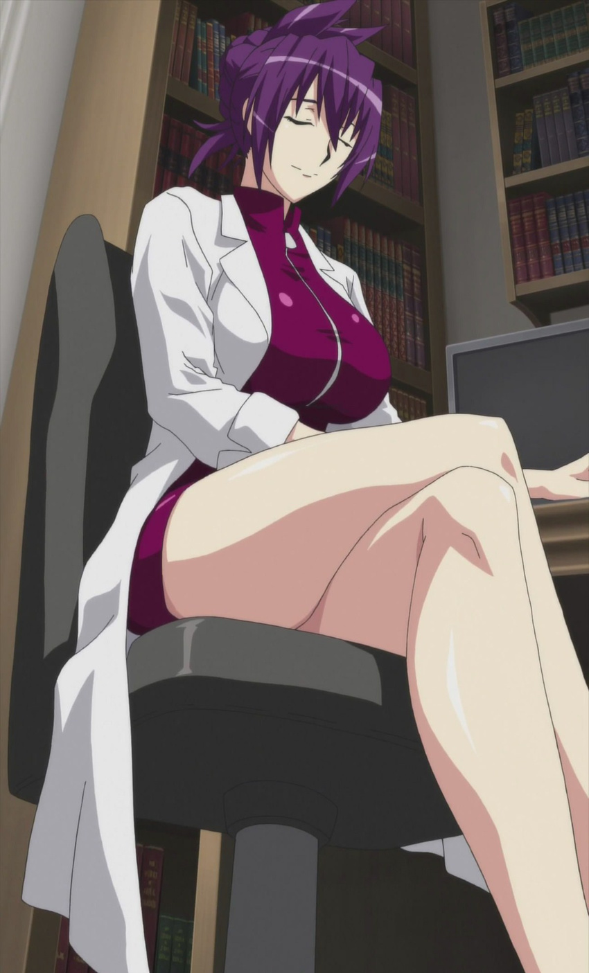 1girl book breasts chair computer eyes_closed highres labcoat large_breasts legs legs_crossed oikawa_urada purple_hair screencap seikon_no_qwaser short_hair sitting skirt smile solo stitched table thighs zipper