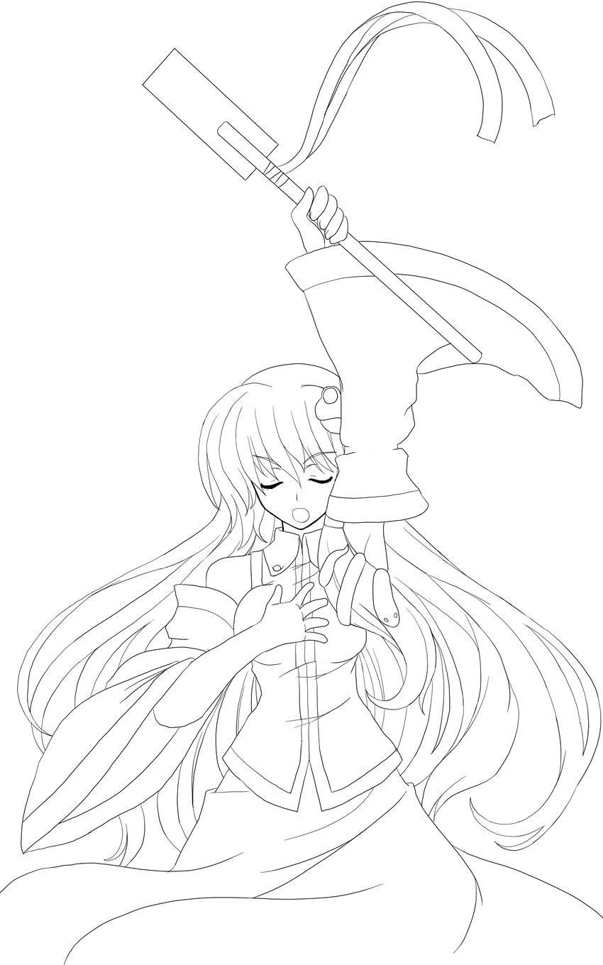 absurdres closed_eyes detached_sleeves frog greyscale hair_ornament highres iwanori kochiya_sanae lineart long_hair monochrome open_mouth snake solo touhou