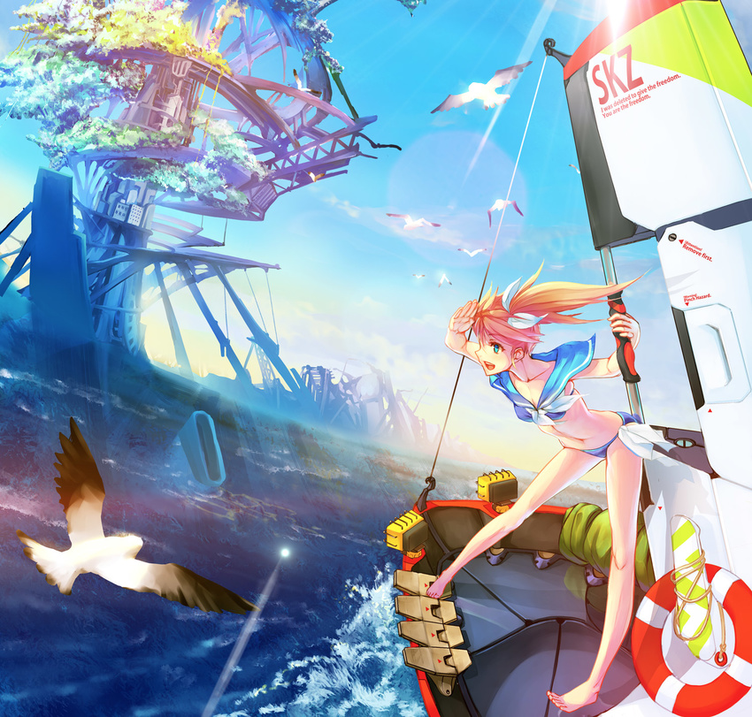 album_cover barefoot bikini bird blonde_hair blue_eyes boat cover day highres long_hair ntny ocean original sky solo swimsuit twintails water watercraft