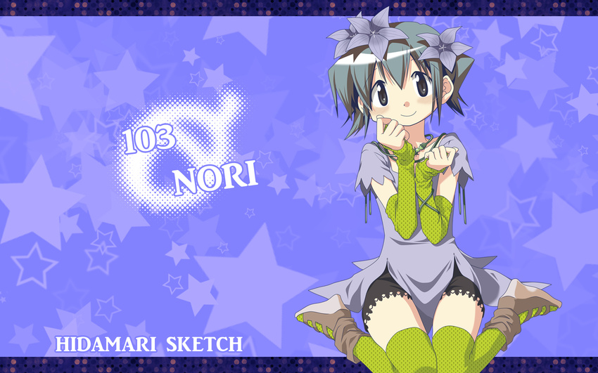 aozora_(syun8823) arm_warmers bad_id bad_pixiv_id blue_eyes blue_hair blush character_name flower green_legwear hair_flower hair_ornament hidamari_sketch highres jewelry necklace nori short_hair short_shorts shorts sitting smile solo star starry_background thighhighs wallpaper wariza