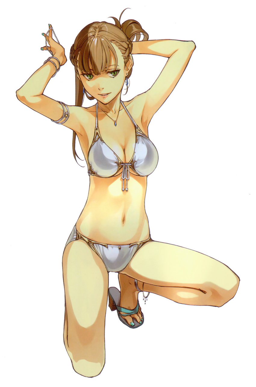absurdres adjusting_hair anklet armlet armpits arms_up bikini bracelet breasts brown_hair cleavage earrings feet front-tie_top full_body green_eyes hairband half_updo hidari_(left_side) highres jewelry lips long_hair medium_breasts nail_polish navel necklace one_knee original parted_lips sandals scan simple_background solo string_bikini swimsuit toenail_polish tying_hair white_background white_bikini