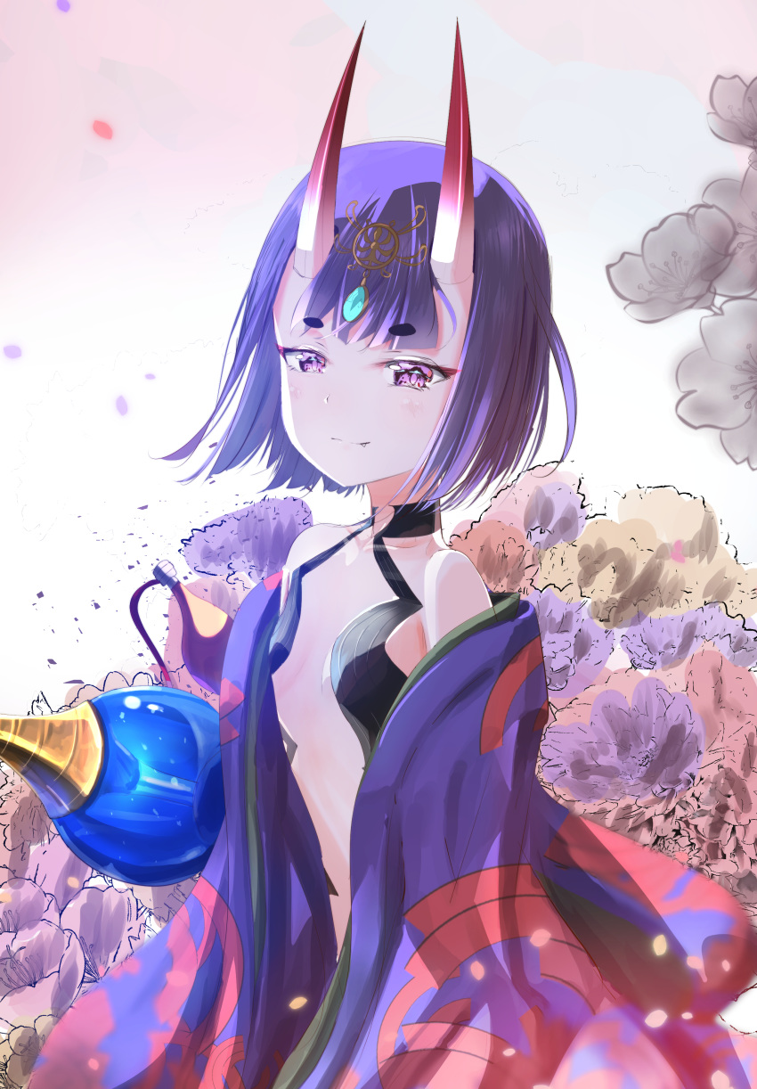 1girl absurdres bangs bare_shoulders breasts brown_flower closed_mouth collarbone commentary_request eyebrows_visible_through_hair fang fang_out fate/grand_order fate_(series) flower headpiece highres horns japanese_clothes kimono light_smile off_shoulder oni oni_horns open_clothes open_kimono petals purple_eyes purple_flower purple_hair purple_kimono revealing_clothes sakazakinchan short_eyebrows shuten_douji_(fate/grand_order) small_breasts solo thick_eyebrows white_flower