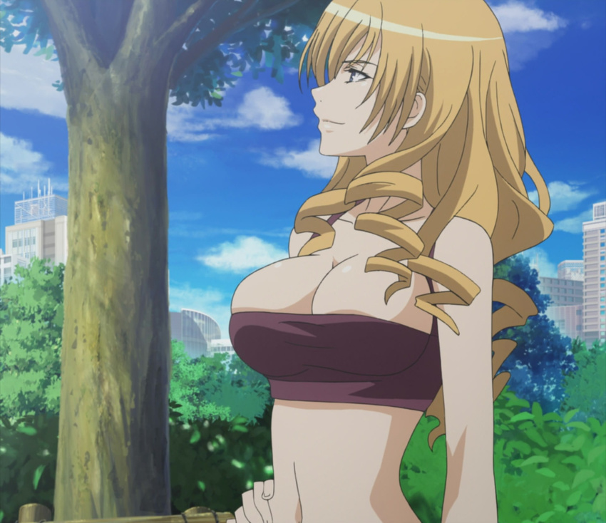 1girl bare_shoulders blonde_hair blue_eyes breasts building city cleavage cloud clouds drill_hair hand_on_hips highres impossible_clothes large_breasts long_hair looking_up midriff oriana_thomason screencap sky smile solo stitched tank_top to_aru_majutsu_no_index tree trees