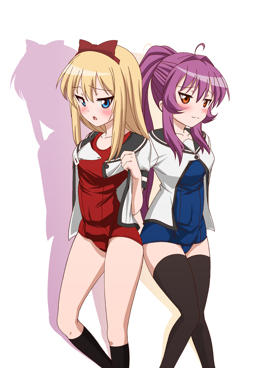 :3 ahoge alternate_color_school_swimsuit alternate_legwear black_legwear blonde_hair blue_eyes blue_swimsuit blush bow brown_eyes collarbone hair_bow highres kneehighs long_hair looking_at_viewer multiple_girls nanamori_school_uniform one-piece_swimsuit ponytail purple_hair red_swimsuit school_swimsuit school_uniform serafuku silhouette sugiura_ayano swimsuit swimsuit_under_clothes tatsuya_(guild_plus) thighhighs thighs toshinou_kyouko yuru_yuri