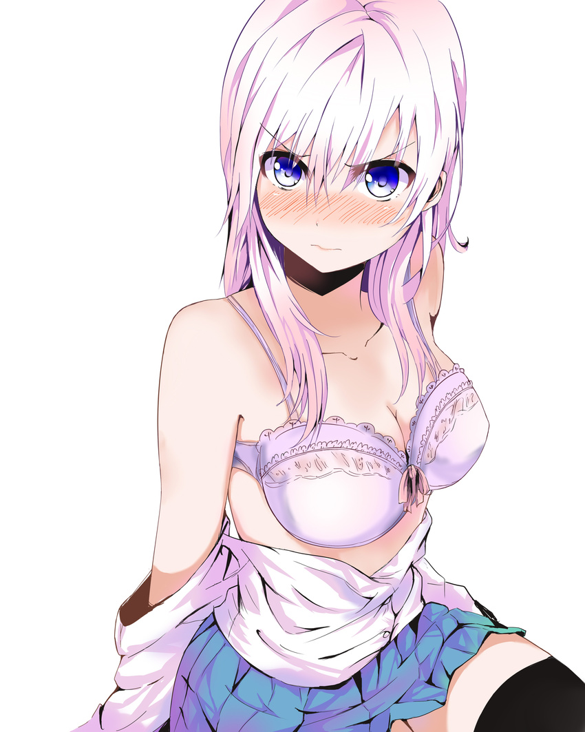 1girl absurdres black_legwear blue_eyes blush bra breasts buttons cleavage highres long_hair looking_at_viewer off_shoulder original pleated_skirt shirt silver_hair simple_background skirt solo thighhighs underwear white_bra white_shirt yorughi