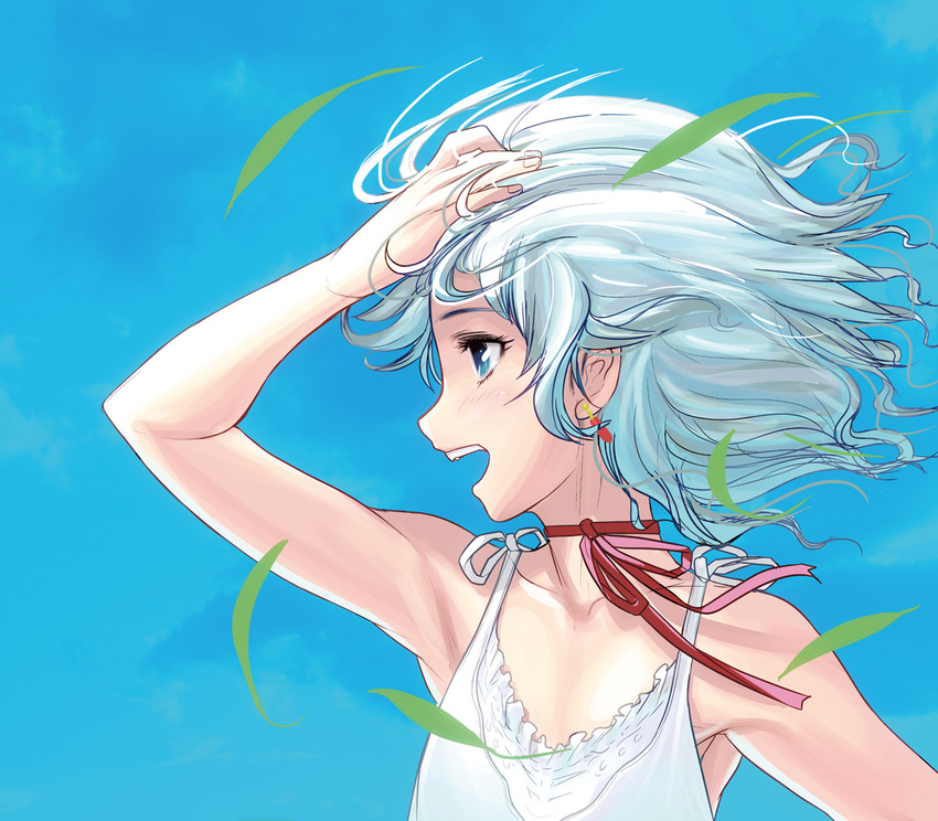 bare_arms bare_shoulders blue_background blue_eyes choker collarbone dress earrings hand_in_hair jewelry leaf masao open_mouth original profile ribbon_choker silver_hair sleeveless sleeveless_dress solo upper_body white_dress wind
