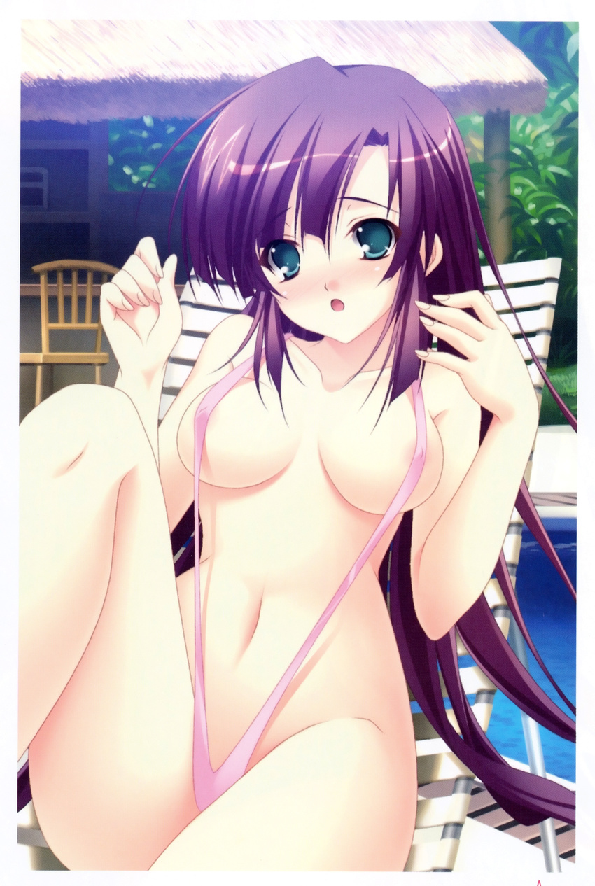 absurdres areola_slip areolae arms_up beach_house breasts breasts_apart chair covered_nipples drain_(object) framed green_eyes highres irie_nana long_hair lounge_chair medium_breasts navel pool poolside purple_hair satou_satoru slingshot_swimsuit swimsuit tsukushite_ageru_no_ni!