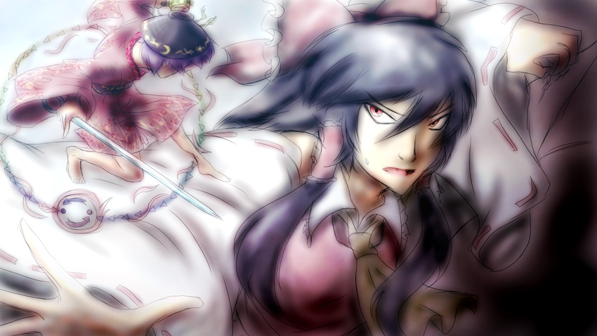 ascot barefoot black_hair bow bowl colossal_titan fingers giantess hair_between_eyes hair_bow hair_tubes hakurei_reimu hat holding holding_needle japanese_clothes lenk64 long_hair long_sleeves looking_at_another mallet minigirl multiple_girls needle non-web_source obi parted_lips purple_hair red_eyes sash shingeki_no_kyojin source_request sukuna_shinmyoumaru touhou wide_sleeves