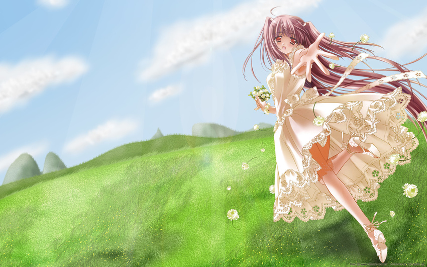 blush brown_eyes brown_hair clouds dress flowers landscape long_hair ribbons scenic sky