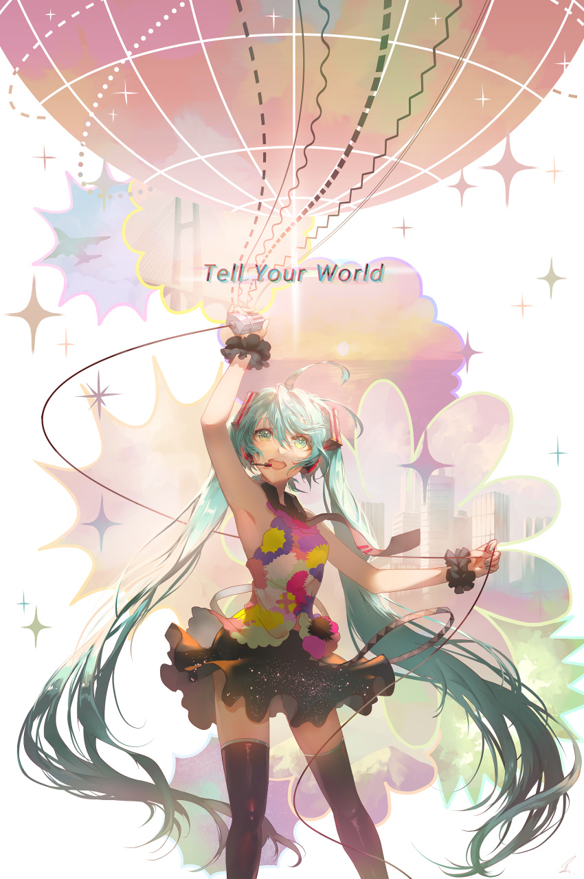 1girl absurdres aircraft airplane aqua_eyes aqua_hair arm_up armpits bare_shoulders belt bridge building cable cityscape colorful commentary feet_out_of_frame fores globe hair_ornament hatsune_miku headset highres holding holding_cable holding_microphone long_hair looking_up microphone mountain multicolored_shirt necktie ocean open_mouth saihate_(d3) scrunchie skirt sky skyscraper solo sparkle star_(sky) starry_sky sun sunset tell_your_world_(vocaloid) thighhighs twintails very_long_hair vocaloid wrist_scrunchie
