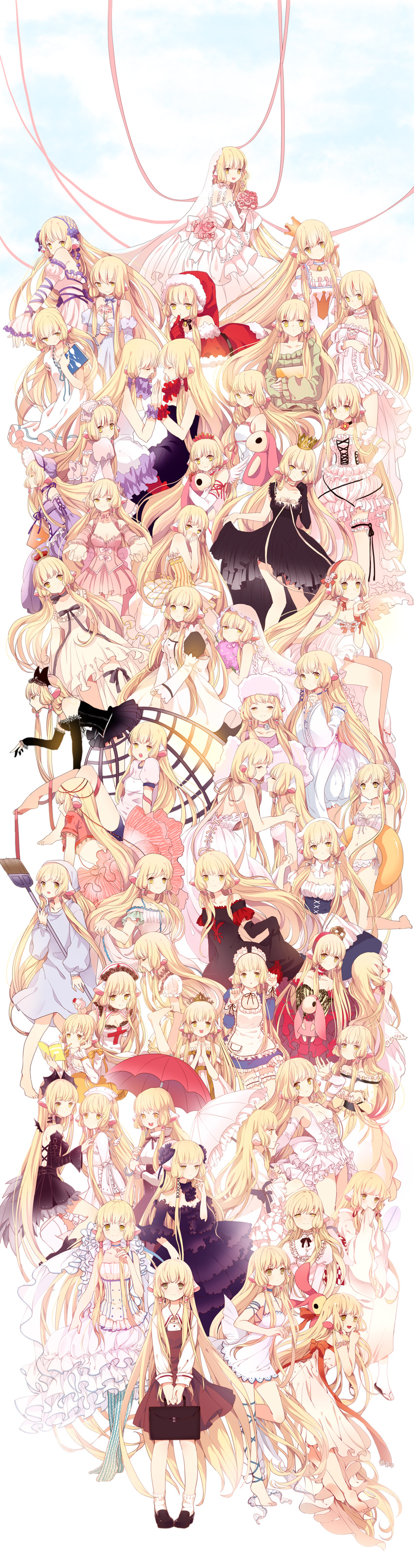 absurdres alternate_hairstyle angel_wings bag bare_shoulders bikini black_dress blonde_hair bonnet book bouquet breasts bridal_veil broom buruma capelet chii chobits cleavage crown demon_wings detached_sleeves dress dress_lift elbow_gloves embarrassed fishnet_legwear fishnets flower food food_in_mouth freya_(chobits) frills full_body fur_hat gloves gothic_lolita gym_uniform hairband hat highres innertube japanese_clothes kimono leg_garter legs lolita_fashion lolita_hairband long_hair long_sleeves maid medium_breasts miemia mini_wings multiple_girls multiple_persona nurse nurse_cap off_shoulder outstretched_arms paw_pose pocky princess reading ribbon robot_ears santa_costume school_uniform siblings sidelocks single_glove sisters sketchbook small_breasts standing strap_slip stuffed_animal stuffed_bunny stuffed_toy sweet_lolita swimsuit symmetrical_hand_pose thighhighs twins twintails umbrella veil very_long_hair wedding_dress white_dress white_legwear white_wings wings yellow_eyes