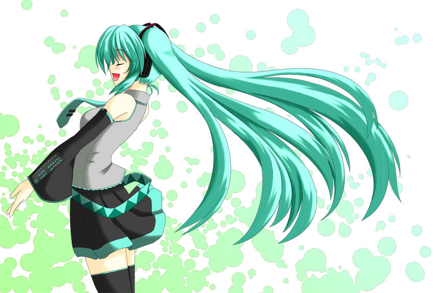 black_legwear blush closed_eyes detached_sleeves green_hair hatsune_miku iwanori long_hair necktie open_mouth skirt smile solo thighhighs twintails very_long_hair vocaloid
