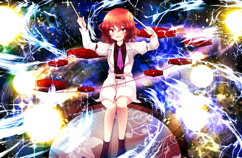 arm_garter bad_id bad_pixiv_id cross drum drumsticks floral_print horikawa_raiko instrument inverted_cross jacket mitsudomoe_(shape) necktie open_clothes open_jacket purple_neckwear red_eyes red_hair short_hair sitting sitting_on_drum sitting_on_object skirt solo tomoe_(symbol) touhou uranaishi_(miraura)