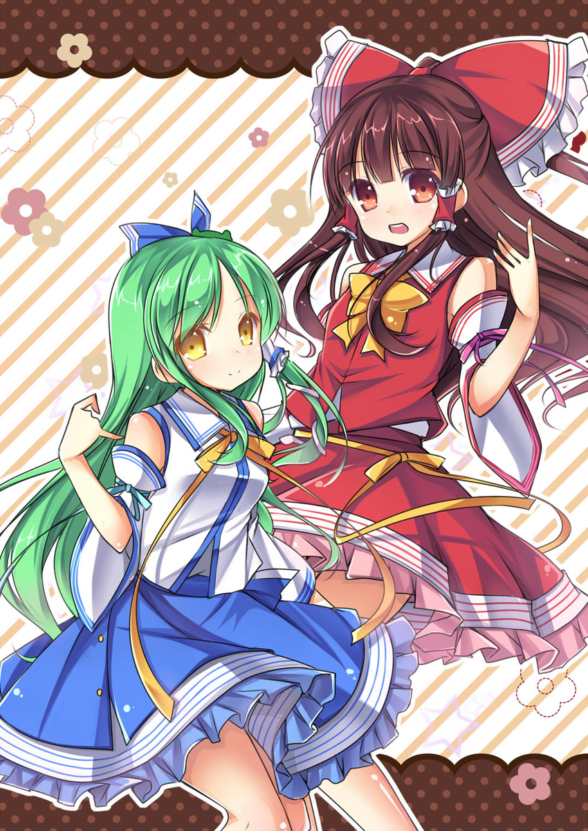 amemiya_ruki bow brown_hair detached_sleeves flower_(symbol) frills frog_hair_ornament green_hair hair_ornament hair_ribbon hair_tubes hakurei_reimu highres kochiya_sanae long_hair looking_at_viewer multiple_girls open_mouth red_eyes ribbon skirt smile snake_hair_ornament touhou yellow_eyes