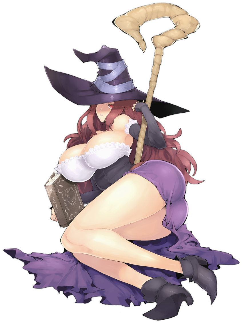 absurdres angelo_(gomahangetsu) bare_legs bare_shoulders book breasts brown_hair cleavage detached_sleeves dragon's_crown full_body hat high_heels highres huge_breasts legs long_hair lying on_side side_slit skirt solo sorceress_(dragon's_crown) white_background witch_hat