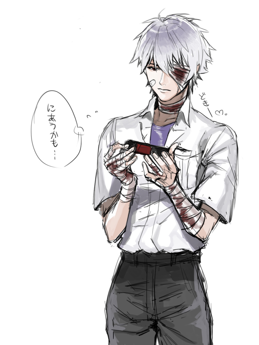 bad_id bad_pixiv_id bandage_over_one_eye bandaged_fingers bandages blood evangelion:_3.0_you_can_(not)_redo grey_hair highres injury male_focus nagisa_kaworu neon_genesis_evangelion pmj10000 rebuild_of_evangelion solo translated